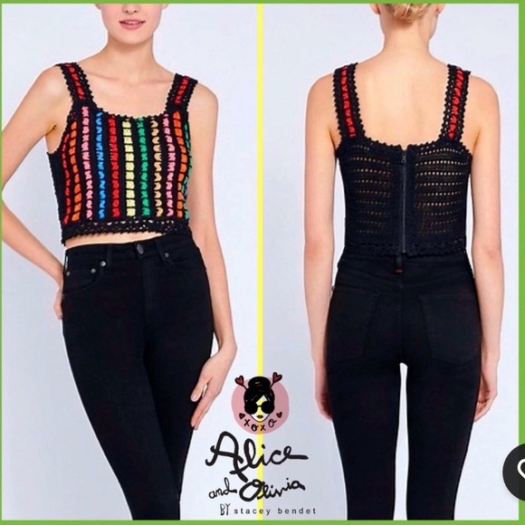 Alice + Olivia Lorri Crochet Crop Tank Top Black/Multi Size L - Picture 4 of 11